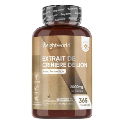 Image de Lion&#039;s Mane 2000 mg 365 Comprimés Vegan (1 An) Avec Poivre Noir 50 % de Polyphénols, Extrait d&#039;Hericium Erinaceus (25:1) Crinière lion Hautement Dosé Fabriqué au Royaume Uni WeightWorld