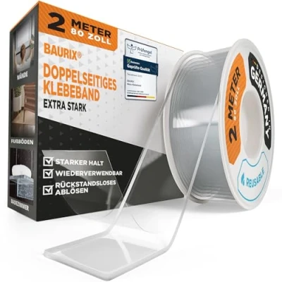 Image de BAURIX® Ruban Adhésif Double face [2m] extra fort transparent en silicone lavable Scotch ultra résistant