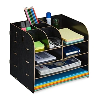 Image de Relaxdays Organiseur Bureau avec étagères Documents, 10 Compartiments, HxLxP: 27,5 x 32,5 25 cm, Rangement MDF, Noir