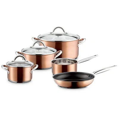 Image de Mäser Asterion Set de casseroles au design moderne cuivré 4 casseroles, 1 poêle antiadhésive et 3 couvercles en verre pour tous feux dont induction, acier inoxydable, verre, cuivre