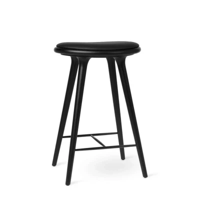 Image de Mater High stool tabouret de bar bas 69 cm cuir noir, support en hêtre laqué noir