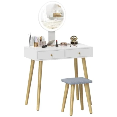 Image de HOMCOM Coiffeuse avec Miroir et Tabouret, Table de Maquillage LED à luminosité 3 Couleurs réglable, Tabouret rembourré, 2 tiroirs Organisateur Rangement, Bureau Blanc