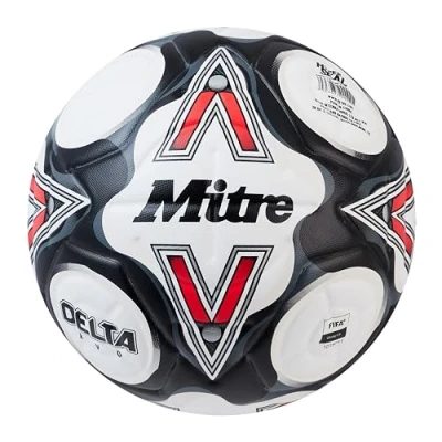 Image de Mitre Delta, solidité Durable, précision Accrue et Performances constantes Ballon De Foot pour Mixte Adulte, Blanc/Noir/Rouge Bib, 4