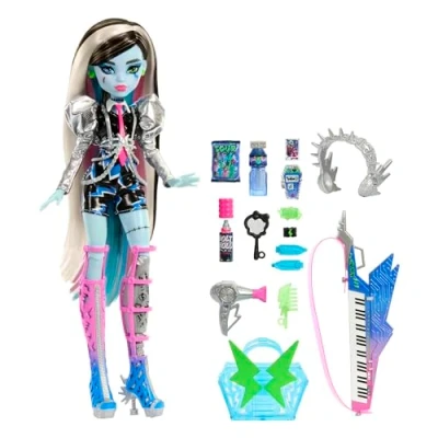 Image de Monster High Poupée Articulée Frankie Stein Survoltée Rockstar, Look Punk BCBG, avec Instrument Et Accessoires, Thème Spectacle, Jouet Enfant, A Partir De 4 Ans, HNF84