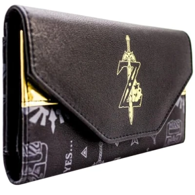 Image de Hyrule Zelda Breath of The Wild Wake Up Link Emblème de l&#039;Épée Dorée Porte Monnaie Tri Fold pour Pièces, ID &amp; Cartes, Noir