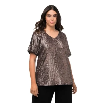 Image de Ulla Popken À PAILLETTES, COL EN V ET Manches Courtes Tshirt imprimé, Femme, Taille: 46/48, Or mat