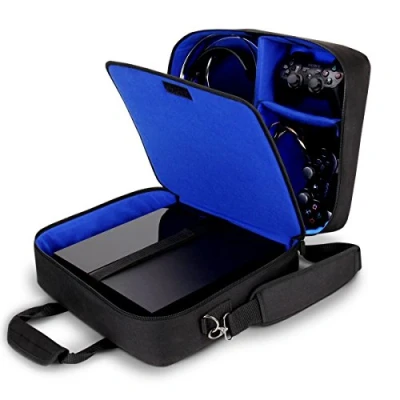 Image de USA Gear Sac de Console Sangle d’Epaule Ajustable et Compartiments Personnalisables Compatible avec PlayStation 4, 4 Pro, 3, Xbox One, One S, X, 360 Bleu