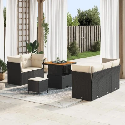 Image de Ensemble de 8 Pièces Canapé Jardin avec Coussins Noir Poly Rattan, 3 Restauration 3363375