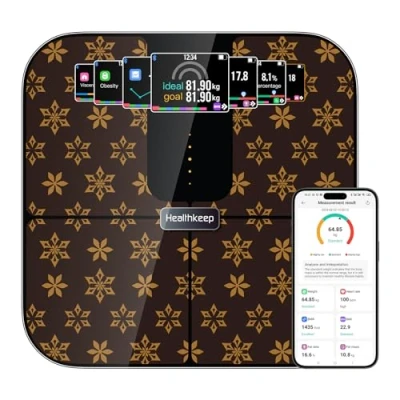 Image de Healthkeep Pèse Personne Balance Connectée Bluetooth avec Écran TFT Couleur et Technologie ITO, 25 Données Corporelle Fréquence Cardiaque APP pour Andriod iOS 180kg/400lb/28st, Brun