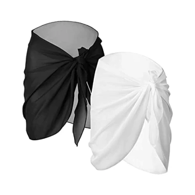 Image de Paréo de Plage,2 Pièces Wrap Plage Femmes Couvertures Maillot Jupe Sexy en Mousseline Beach Sarong Écharpe Couverture Femme Noir +Blanc