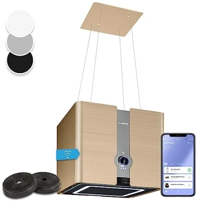 Image de KLARSTEIN Futurelight Smart hotte aspirante suspendue à recyclage d&#039;air avec une puissance d&#039;évacuation de 420 m3/h, îlot éclairage LED, inox Or