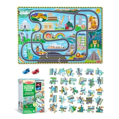 Image de Melissa &amp; Doug Puzzle en carton « Piste de course autour du monde » et véhicules à remonter 48 pièces, pour garçons filles partir 3 ans