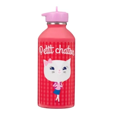 Image de gourde enfant Acier inoxydable DRAEGER PARIS Facile à nettoyer réutilisable Idéale pour voyage, parc, école Contenance 300ml 17 cm x 6,5 Rouge Message inscrit : Petit chaton