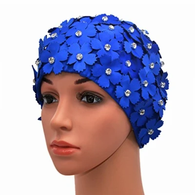 Image de Medifier Bonnet de bain pour femme Style rétro floral à strass, femme, bleu, taille unique