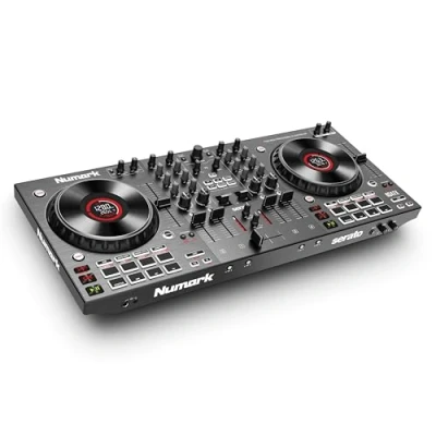 Image de Numark NS4FX Contrôleur DJ 4 canaux, platines tactiles avec écran, pads et effets sonores, sorties cabine principale, Serato Lite inclus