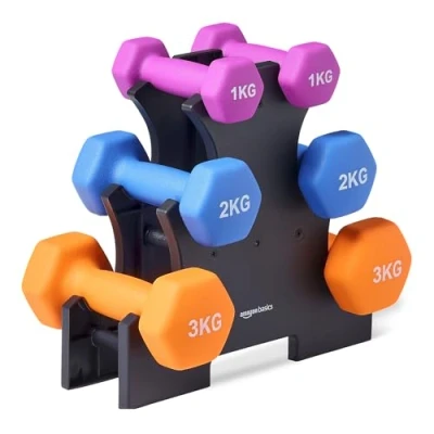 Image de Amazon Basics Ensemble d&#039;haltères en néoprène avec support, lot de 3 (1 kg, 2 kg), Multicolore