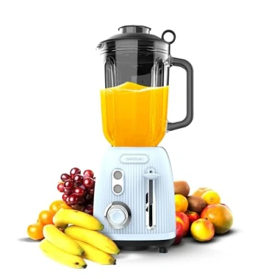 Image de Cecotec Blender Power Black Titanium RetroBlue. Mixeur rétro d&#039;une puissance maximale de 1200 W, lame à 4 feuilles avec revêtement en titane noir et pichet capacité 1,5 L.