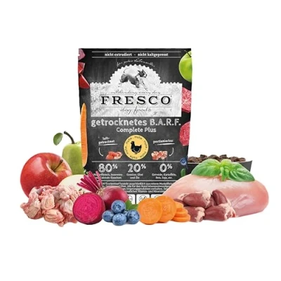Image de Fresco Dog Trockenbarf Complete Plus Poulet 2,5 kg Nourriture sèche copieuse à base de viande fraîche, fruits et légumes Sans céréales pour chiens Ingrédients 100 % naturels