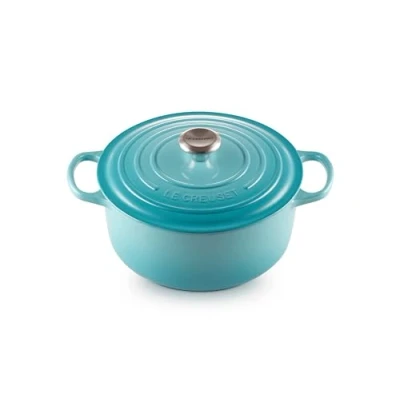 Image de Le Creuset Cocotte Signature en Fonte Émaillée avec Couvercle, 26 cm, Ronde, 5,3 L, 5,135 kg, Bleu Caraïbes, 21177262202430