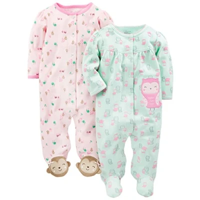 Image de Simple Joys by Carter&#039;s 2 Pack Cotton Snap Footed Sleep and Play Dormeuses Tout Petits, Rose Singe/Vert Menthe Owls, 0 3 Mois (Lot de 2) Bébé Fille