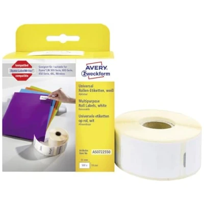 Image de AVERY Pack de 1 rouleau 500 étiquettes autocollantes, Format 19 x 51 mm, Idéales pour tout type d&#039;usage, Adhésif enlevable, (AS0722550)