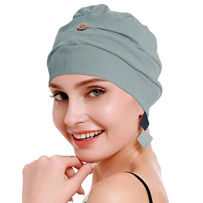 Image de Osvyo Turbans chimio pour femme Chapeau de perte cheveux Coton léger Emballage scellé Taille unique, Bleu clair/gris., unique