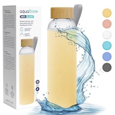 Image de Aquafloow Flacons d&#039;eau Transparents, Brosilicate Étui en Néoprène 700 ml, Bouteille Verre avec Couvercle Bambou, Sans BPA Idéale pour Le Bureau, L&#039;école, La Maison Jaune
