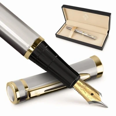 Image de Wordsworth &amp; Black Ensemble de stylo Plume, Extra Fine Comprend 24 cartouches d&#039;encre et un convertisseur recharge d&#039;encre, Coffret cadeau, Journalisation, calligraphie, [Argent Or]