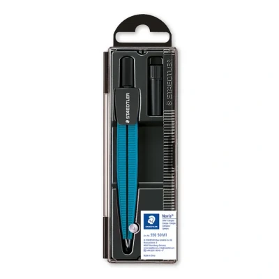Image de Staedtler Noris 550, Compas scolaire de précision bleu pour l&#039;école, Boîtier refermable pratique avec étui mine, 550 50 M1