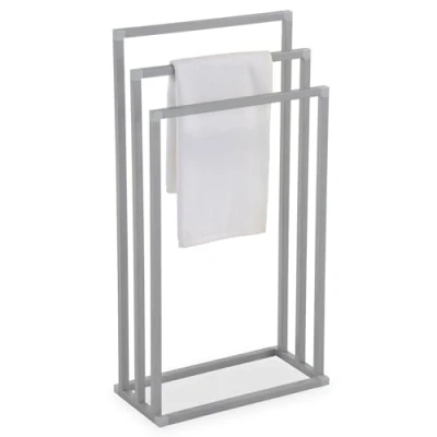 Image de IDIMEX Porte Serviettes sur Pied KUNO Portant pour vêtements et Linge de Salle Bain avec 3 Niveaux d&#039;étendage différentes hauteurs, Structure en métal laqué Gris Clair
