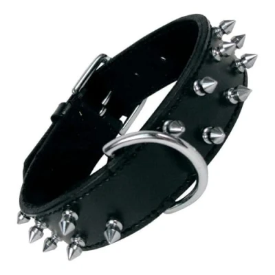 Image de Collier GLORIA Col de Fourrure 2 Rangées Pointes Cuir Noir Ajustable