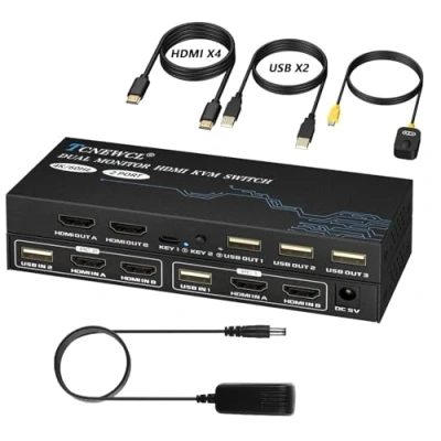 Image de TCNEWCL Switch KVM HDMI 2 Écrans PC, 4K@60Hz Commutateurs entrées Sorties pour brancher PC sur écrans, USB 2.0, HDCP2.2, avec télécommandes filaire