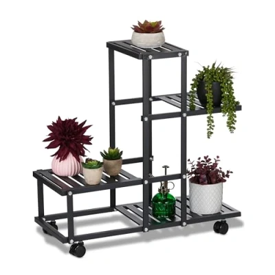 Image de Relaxdays Étagère à Plantes, avec roulettes, 4 Niveaux, H x L P : 60,5 61,5 26 cm, pour intérieur, Noire