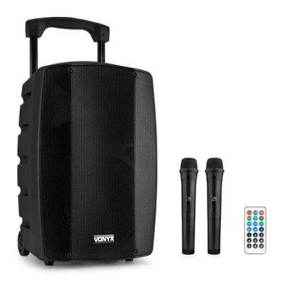 Image de Vonyx VSP200 Enceinte Sono Portable 200 Watts, Active Bi Amplifiée, 2 Micros sans Fil, Poignées et roulettes de Transport, Idéale pour Vos Événements Pro, Karaoké, Fêtes en Extérieur