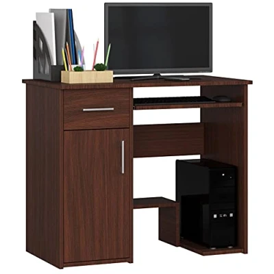 Image de AKORD Bureau PC Jay avec Clavier et étagère Meuble Ordinateur 1 Tiroir, Porte, Repose Pieds L90 x H74 P50 cm Simple Informatique Desk Wengé