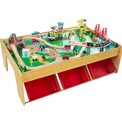 Image de KidKraft Ensemble Table Circuit de Train en Bois Waterfall Mountain pour Enfant avec Boîte Rangement, Accessoires incluent Grue, Avion et Voitures, Jouet dès 3 Ans, 17850