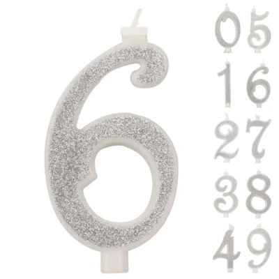 Image de Grande Bougie 10CM, Chiffre d&#039;anniversaire Numéro 6,3D ARGENT paillettée,Decoration Gateau Anniversaire,Bougies Gâteau Marriage