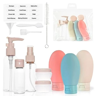 Image de MyGadget Set 14 Flacons Vides pour Valise Cabine Kit Tubes Cosmétiques Silicone &amp; Pots de Crème Rechargeables Bouteilles Format Voyage approuvé TSA