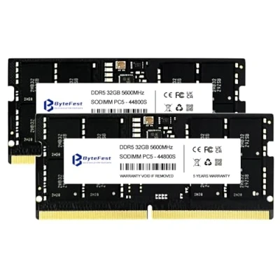 Image de ByteFest RAM DDR5 64Go Kit (2x32Go) 5600MHz CL46 SODIMM 1.1 V Haute Performance Mémoire pour Ordinateur Portable