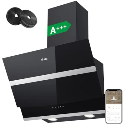 Image de CIARRA ASB6736N Hotte Aspirante Class A+++ 60cm 650 m3/h Inclinée pour Cuisine Filtre à Charbon Inclus WIFI &amp; Commande Tactile 4 Vitesses Lumière LED Recyclage Evacuation Noire
