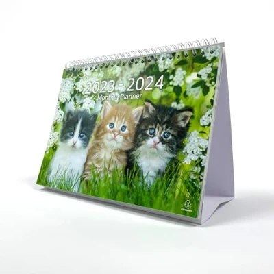Image de Exacompta Réf GS046Z Calendrier de bureau mensuel septembre 2023 à octobre 2024 Motif chat Mois par page Comprend les jours fériés britanniques 210 mm x 150 Se pose en toute sécurité