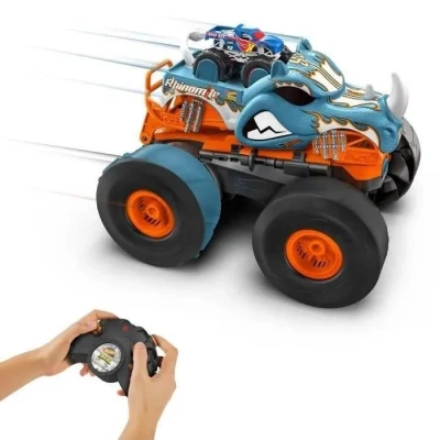 Image de Hot Wheels Monster Trucks Voiture Télecommandé, Coffret Rhinomite Transformable Échelle 1/12 Et Race Ace 1/64, Transformation en Propulseur, Jouet Enfant, A Partir De 4 Ans, HPK27