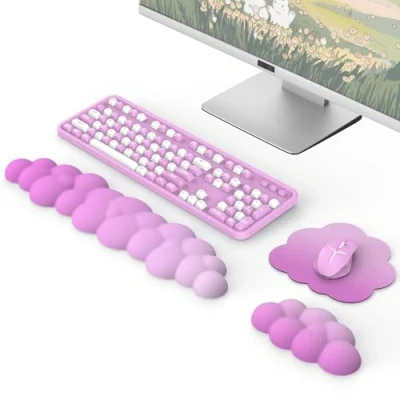 Image de MoKo Repose Poignets Nuage, Clavier Ergonomique avec Tapis de Souris, en Polyester Durable et Souris pour Bureau, Jeu, Ordinateur, Rose