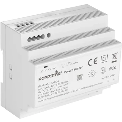 Image de Poppstar Alimentation pour Rail DIN sortie 12 V DC 11,3 A max. 135 W (entrée 100 240 AC 50/60 Hz) Transformateur 12V