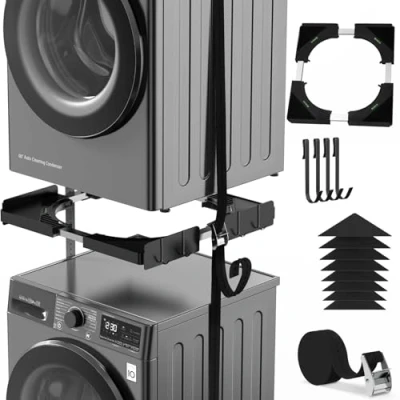 Image de Kit d&#039;empilage universel pour machine à laver et sèche linge, avec corde cliquet, accessoire de taille réglable 45 68 cm (Noir ultra mince)
