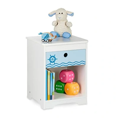 Image de Relaxdays Table de Chevet Enfant, Design Maritime, tiroir, Rangement, Meuble Commode Nuit, HLP : 41x32x31 cm, Blanc Bleu