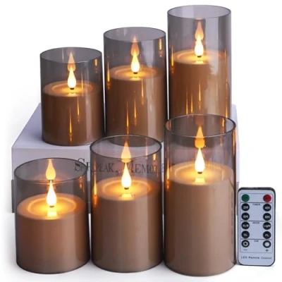 Image de FREEPOWER 6 bougies LED grises avec minuteur et télécommande Fonctionne piles Sans flamme Blanc chaud Intensité variable acrylique Diamètre : 8 x 10/12,5/15 cm