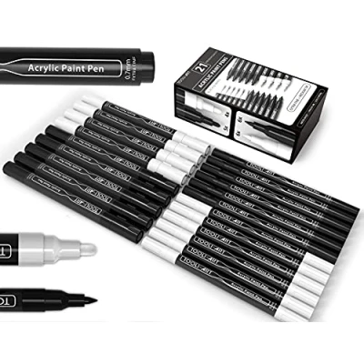 Image de 21 marqueurs de peinture acrylique noir et blanc pointe extra fine 0.7 mm moyenne 3.0 pour la rupestre, toile, le verre, tissu, etc. Non toxique, à base d&#039;eau