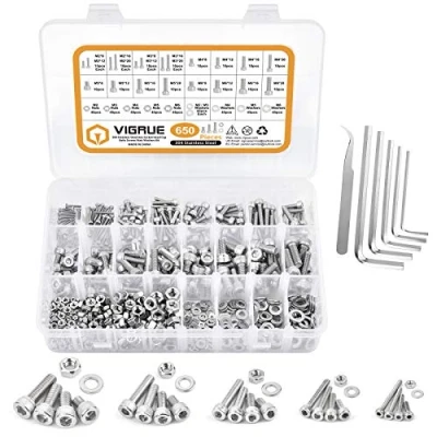 Image de VIGRUE Lot de 650 vis à six pans creux M2 M3 M4 M5 M6 en acier inoxydable 304 filetage complet avec écrous et rondelles dans une boîte d&#039;assortiment