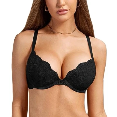 Image de DOBREVA Femme Soutien Gorge Push Up Dentelle avec Armatures Plongeant Rembourré Moulé Noir 85D